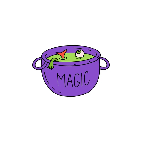 Magical Witch Cauldron Hand Drawn Line Art Halloween Illustration Isolated — ストックベクタ