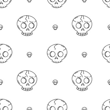 Seamless pattern with line art skulls on white background