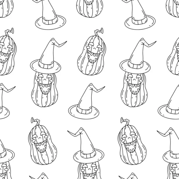 Halloween Seamless Pattern Line Art Cartoon Smiling Pumkins White Background — Wektor stockowy