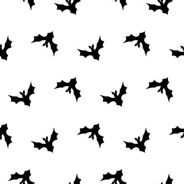 Beyaz arka planda siyah uçan yarasa siluetleri olan kusursuz Cadılar Bayramı deseni