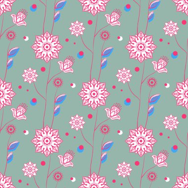 Kusursuz desenli, saf çiçekli, kırmızı çizgili. Gri arkaplanda.