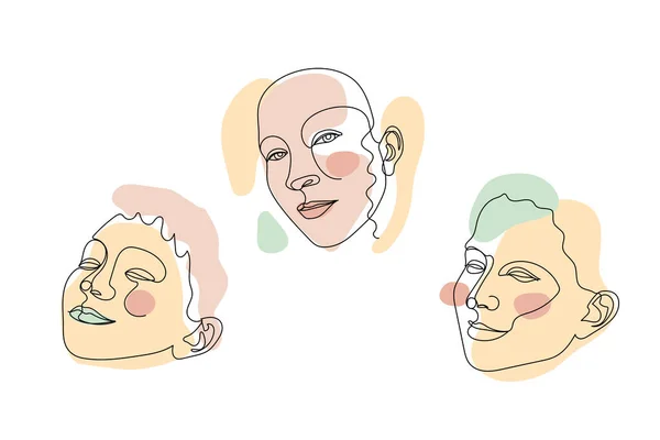 Set Female Faces Single Line Drawings Pastel Abstract Shapes Compositions — Vector de stock