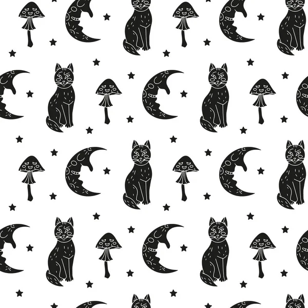 Halloween Seamless Pattern Cute Cartoon Cats Half Moons Poisonous Mushrooms — Stockvector