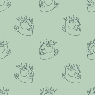 Kusursuz desen, tek çizgi çizilmiş kadın yüzü ve soyut şekiller. Bej arkaplanda