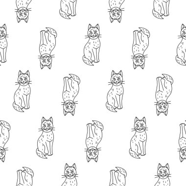 Beyaz arka planda sevimli çizgi film kedileri olan kusursuz bir Cadılar Bayramı deseni.