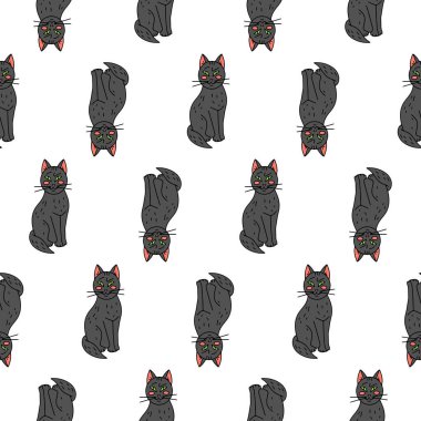 Beyaz arka planda siyah kedilerin olduğu kusursuz bir Cadılar Bayramı deseni.