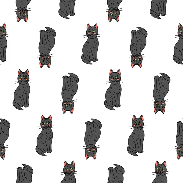 Halloween Seamless Pattern Cute Cartoon Black Cats White Background — Stock Vector