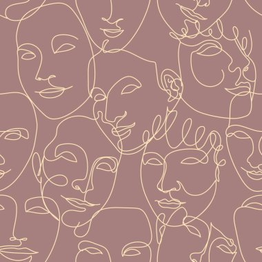 Kusursuz desen, tek çizgi çizilmiş kadın yüzü ve soyut şekiller. Terracotta arka planında.