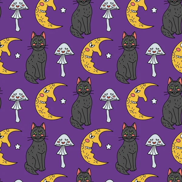 Halloween Seamless Pattern Cute Cartoon Cats Half Moons Poisonous Mushrooms — Wektor stockowy