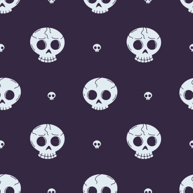 Seamless pattern with line art skulls on dark purple background