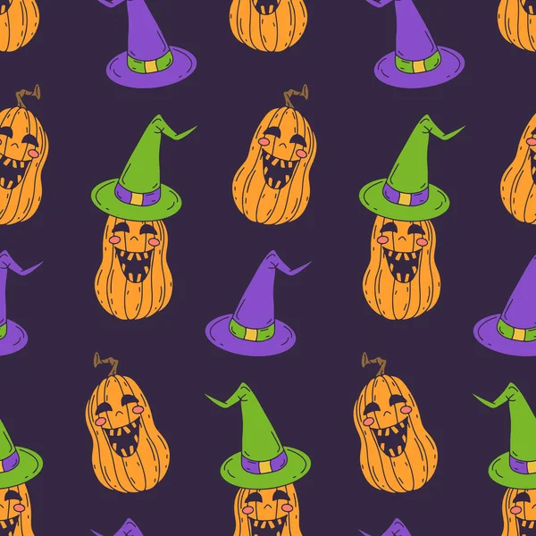 Halloween Seamless Pattern Cartoon Smiling Pumkins Purple Background — 图库矢量图片