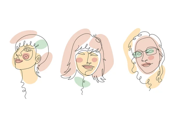 一連の女性の顔の線画とパステルの抽象的な形の構成 — ストックベクタ