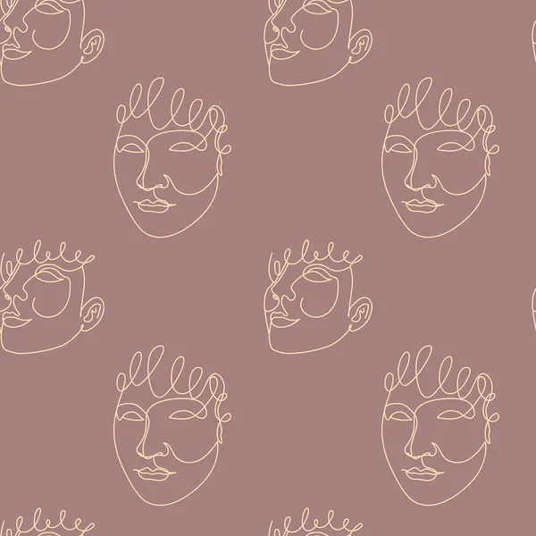 Seamless Pattern One Single Line Drawings Female Face Abstract Shapes — Stockvector