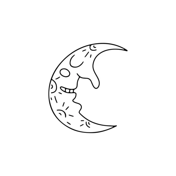 Half Moon Human Face Hand Drawn Line Art Halloween Illustration — 스톡 벡터