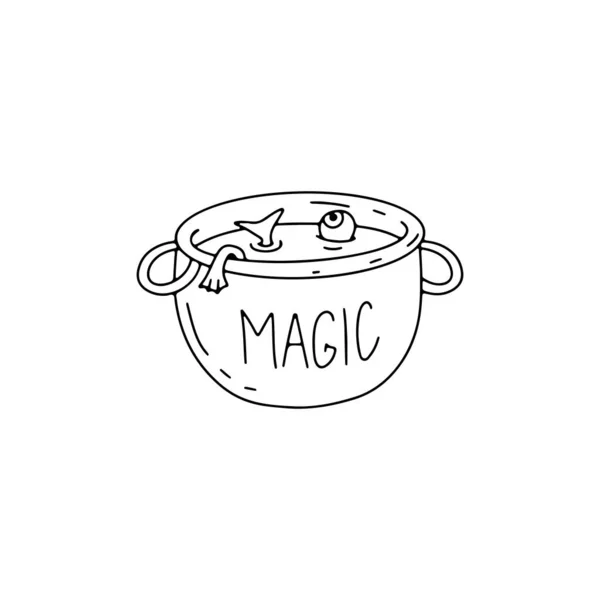 Magical Witch Cauldron Hand Drawn Line Art Halloween Illustration —  Vetores de Stock