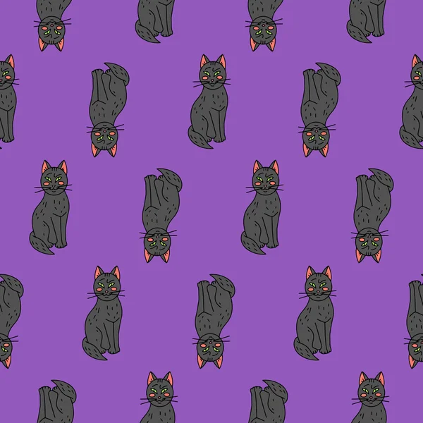 Halloween Seamless Pattern Cute Cartoon Black Cats Purple Background — Image vectorielle