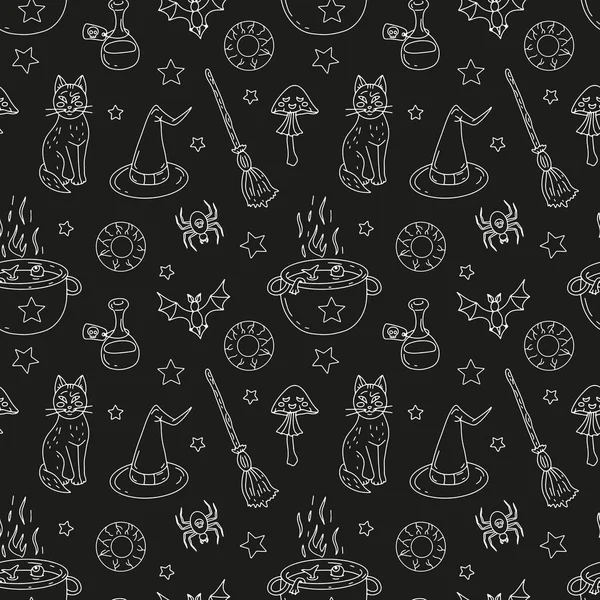 Halloween Seamless Pattern Black Background Hand Drawn Line Art Halloween — 图库矢量图片