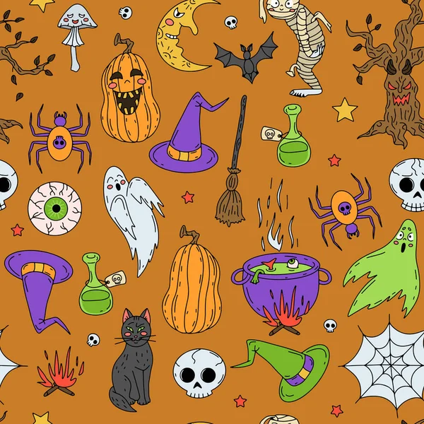 Halloween Seamless Pattern Orange Background Hand Drawn Line Art Halloween — Wektor stockowy