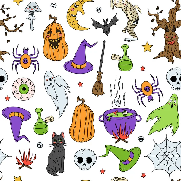 Halloween Seamless Pattern White Background Hand Drawn Line Art Halloween — Wektor stockowy