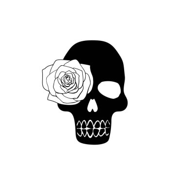 Black silhouette of skull with rose flower in the eye