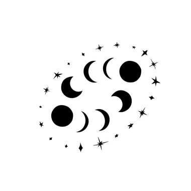 Ay evrelerinin ve yıldızların siyah silueti. Gizemli Göksel Sahne.