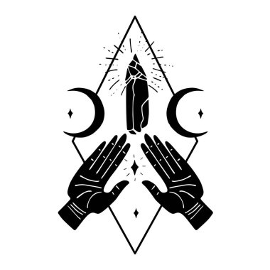 Cadı elleri, hilal ayları, yıldızlar ve eşkenar çerçeveli kristal silueti. Gizemli Göksel Sahne.