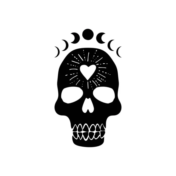 Black Silhouette Skull Heart Head Moon Phases — Vector de stock