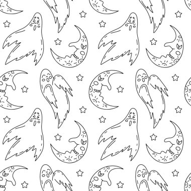 Tatlı çizgi film hayaletleri ve beyaz arka planda yarım ay olan kusursuz Cadılar Bayramı deseni.