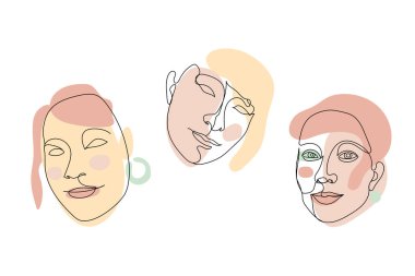 Set of female faces single line drawings and pastel abstract shapes compositions