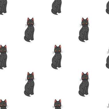 Beyaz arka planda siyah kedilerin olduğu kusursuz bir Cadılar Bayramı deseni.