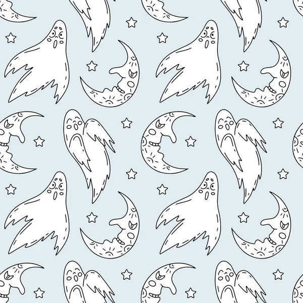Halloween Seamless Pattern Cute Cartoon Ghosts Half Moons Pastel Blue — Stock Vector