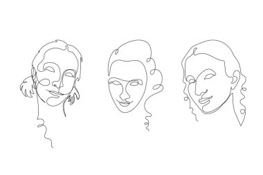 Bir dizi kadın yüzü tek çizgi çiziyor. Siyah çizgili kadın portreleri.