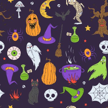 Halloween Seamless Pattern on purple background. Hand drawn Line art Halloween texture.