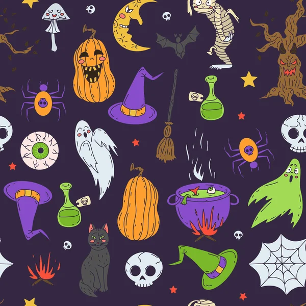 Halloween Seamless Pattern Purple Background Hand Drawn Line Art Halloween — Vector de stock