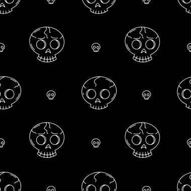 Seamless pattern with line art skulls on black background