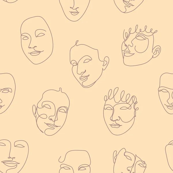 Nahtloses Muster Mit Einer Einzigen Linienzeichnung Weiblichen Gesichts Und Abstrakten — Stockvektor