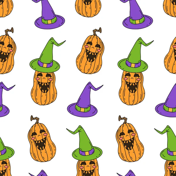 Halloween Seamless Pattern Cartoon Smiling Pumkins White Background — Wektor stockowy