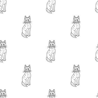 Beyaz arka planda sevimli çizgi film kedileri olan kusursuz bir Cadılar Bayramı deseni.