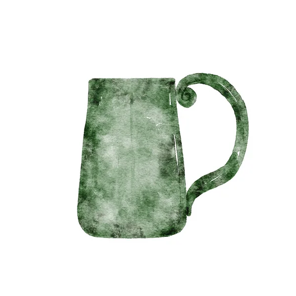 Hand Drawn Watercolor Green Mug Isolated White Background — Stockfoto