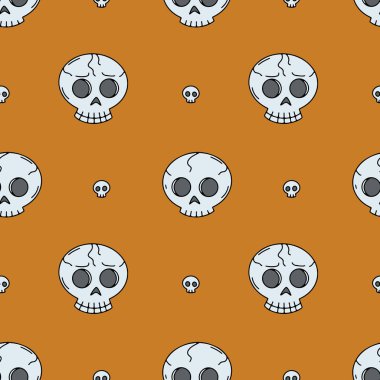 Seamless pattern with line art skulls on orange background