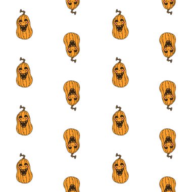 Halloween seamless pattern with cartoon smiling pumkins on white background
