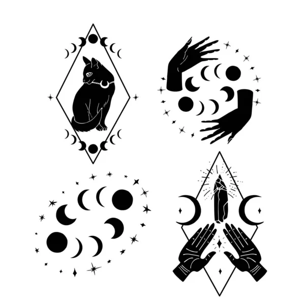 Set of black silhouettes of mystical cat, witch hands and moon phases. Hand drawn boho illustrations