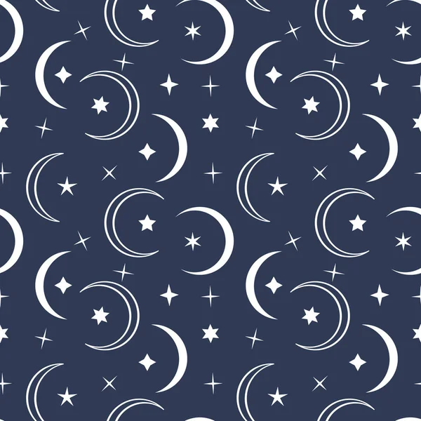 Monochrome Seamless Pattern White Moon Stars Blue Background — Image vectorielle