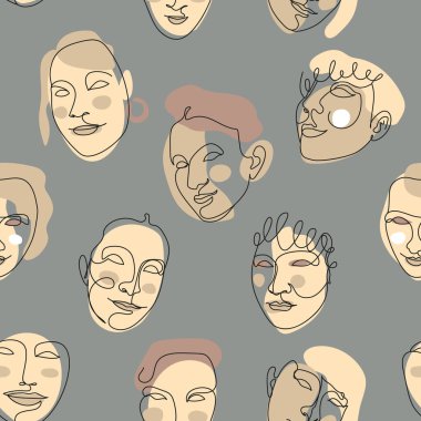 Kusursuz desen, tek çizgi çizilmiş kadın yüzü ve soyut şekiller. Beyaz arkaplanda.