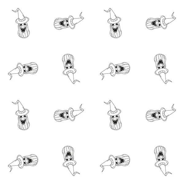 Halloween Seamless Pattern Line Art Cartoon Smiling Pumkins White Background — ストックベクタ