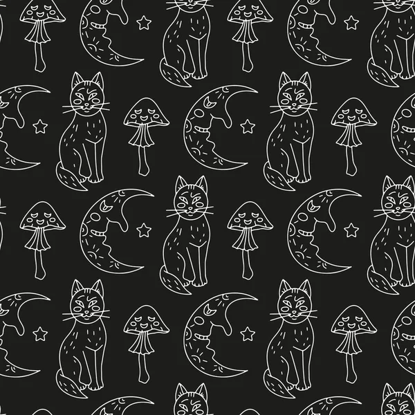 Halloween Seamless Pattern Cute Cartoon Cats Half Moons Poisonous Mushrooms — Stock Vector