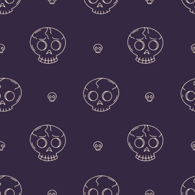 Seamless pattern with line art skulls on dark purple background