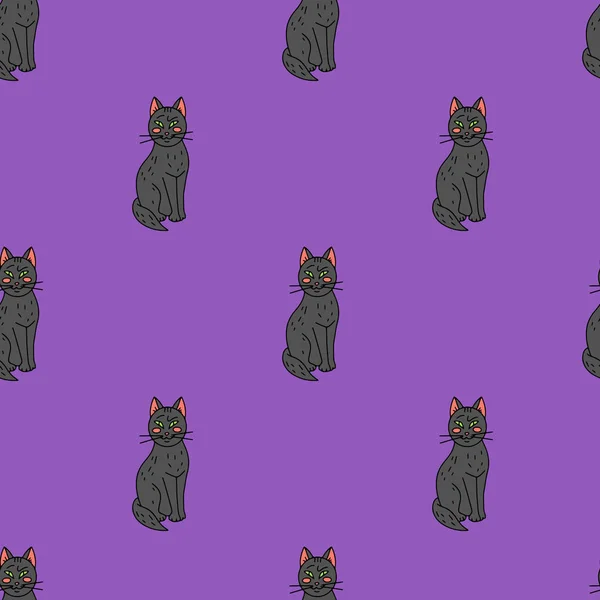 Halloween Seamless Pattern Cute Cartoon Black Cats Purple Background — Stock Vector