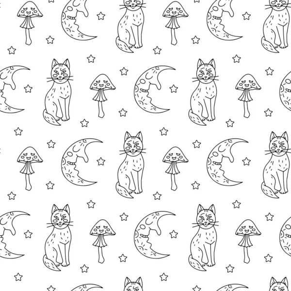 Halloween Seamless Pattern Cute Cartoon Cats Half Moons Poisonous Mushrooms — Stockvector