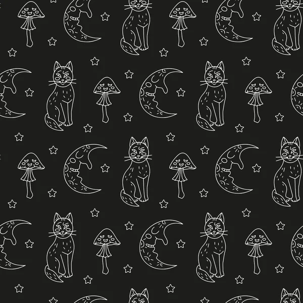 Halloween Seamless Pattern Cute Cartoon Cats Half Moons Poisonous Mushrooms — Stock Vector